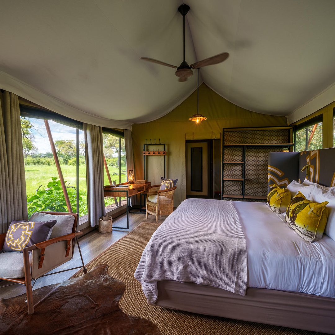 Inside a Karangoma tent, the bed facing the open floodplain
